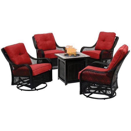 3/5-Piece Steel Patio Fire pit Conversation Set with Sahara Sand Cushions and 26 in. Square Fire pit Side Table
